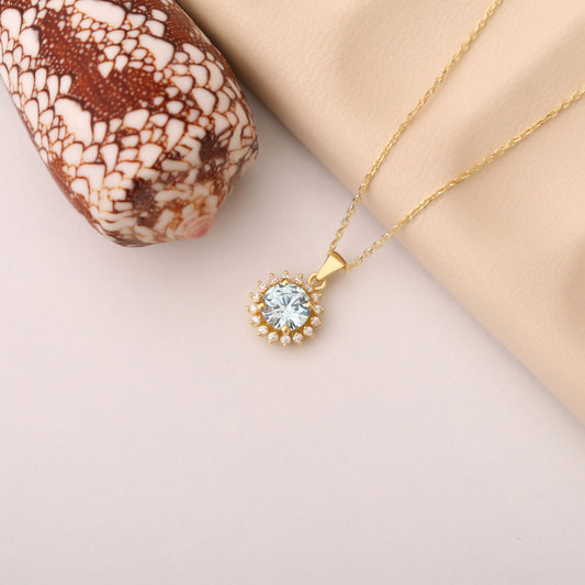 10K/14K Solid Gold Aquamarine Necklace in Round Shape Surrounded by Real Diamonds, Timeless Birthstone Jewelry for March Gifts