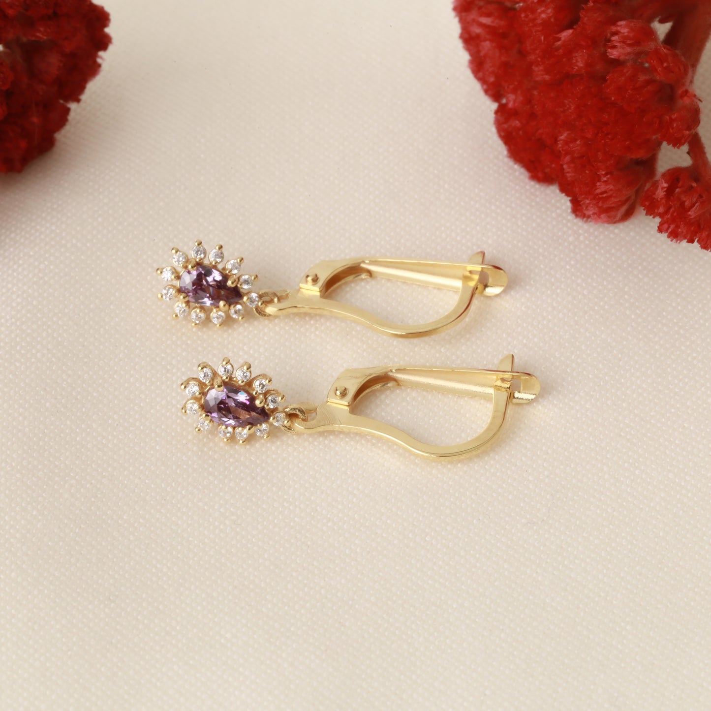 Teardrop Dangle Amethyst Earring Surrounded by Real Diamonds 8K/10K/14K Solid Gold, February Birthstone
