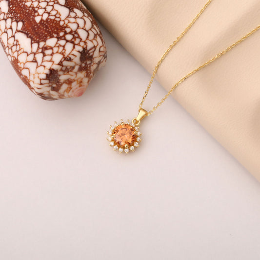 10K/14K Solid Gold Citrine Necklace in Round Shape Surrounded by Real Diamonds, Timeless Birthstone Jewelry for November Gifts
