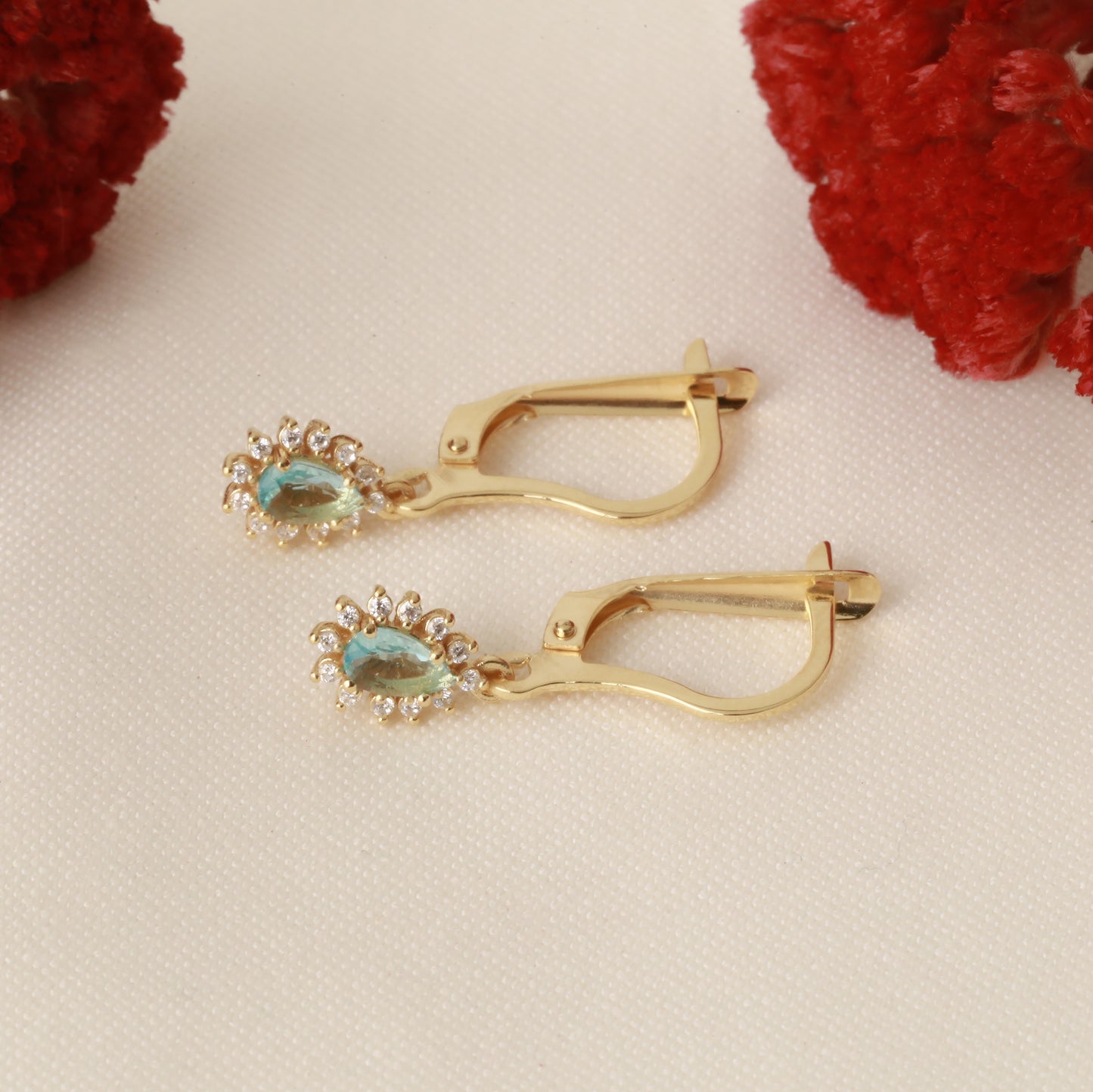 Teardrop Dangle Aquamarine Earring Surrounded by Real Diamonds 8K/10K/14K Solid Gold, March Birthstone