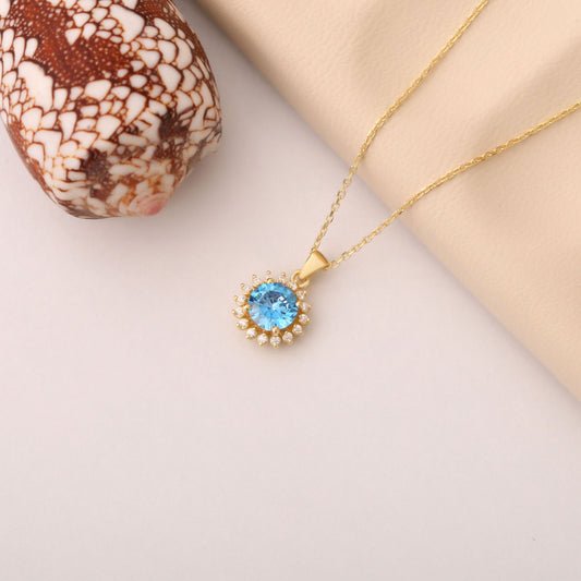 10K/14K Solid Gold Blue Topaz Necklace in Round Shape Surrounded by Real Diamonds, Timeless Birthstone Jewelry for December Gifts