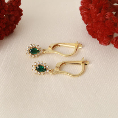 Teardrop Dangle Emerald Earring Surrounded by Real Diamonds 8K/10K/14K Solid Gold, May Birthstone