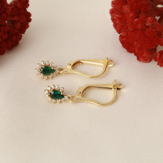 Teardrop Dangle Emerald Earring Surrounded by Real Diamonds 8K/10K/14K Solid Gold, May Birthstone