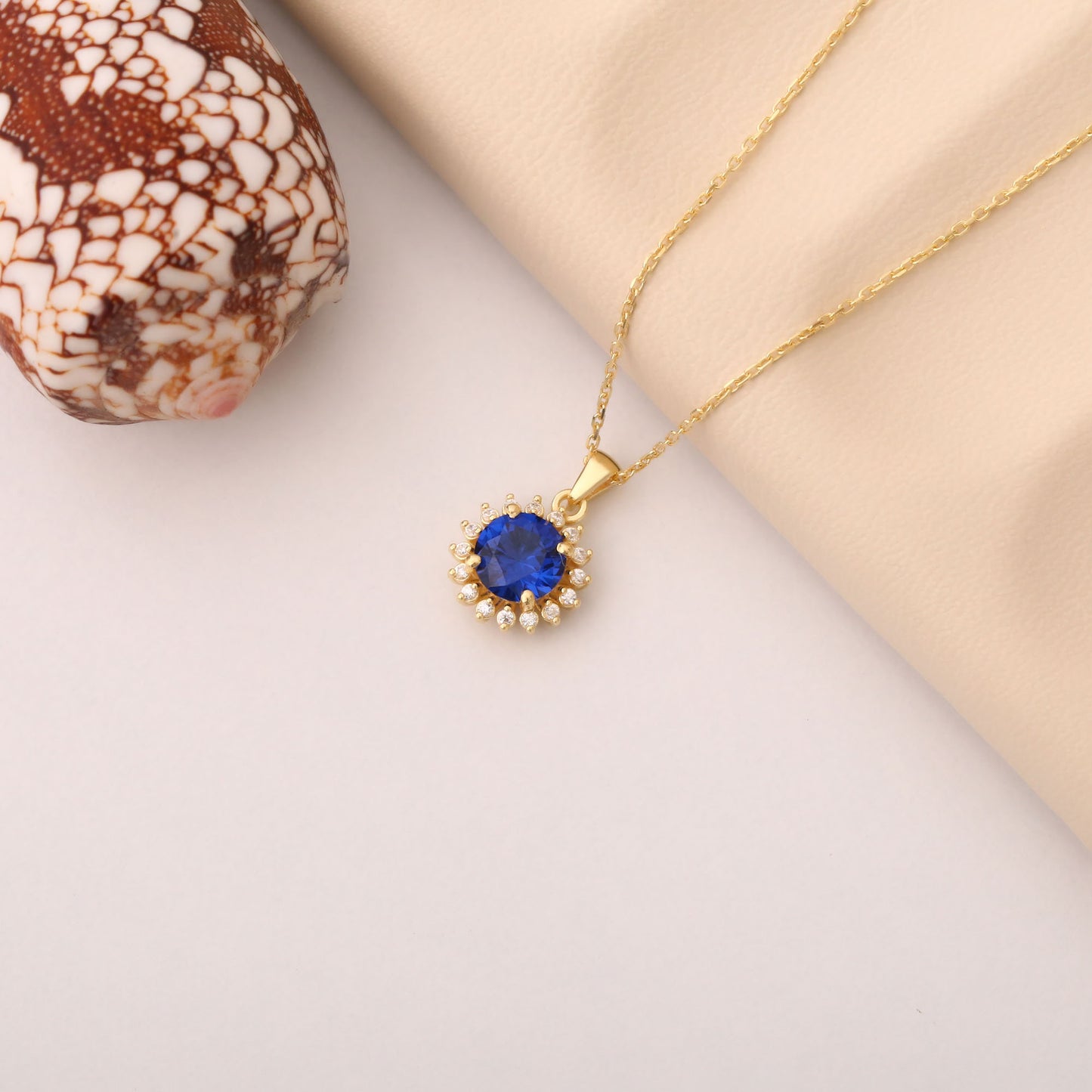 10K/14K Solid Gold Sapphire Necklace in Round Shape Surrounded by Real Diamonds, Birthstone Jewelry for September