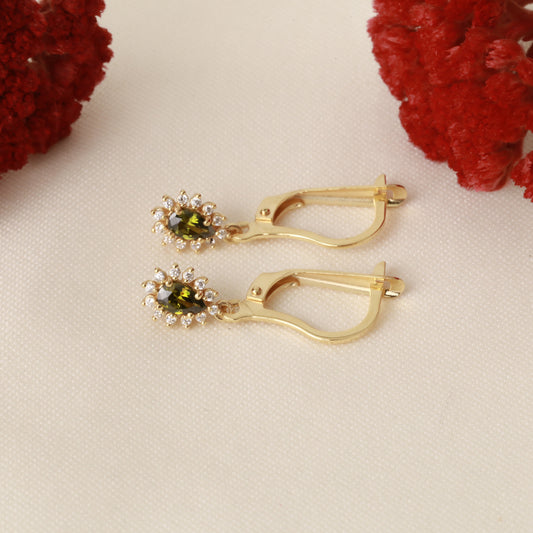 Teardrop Dangle Peridot Earring Surrounded by Real Diamonds 8K/10K/14K Solid Gold, August Birthstone