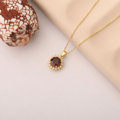 10K/14K Solid Gold Smoky Quartz Necklace in Round Shape Surrounded by Real Diamonds