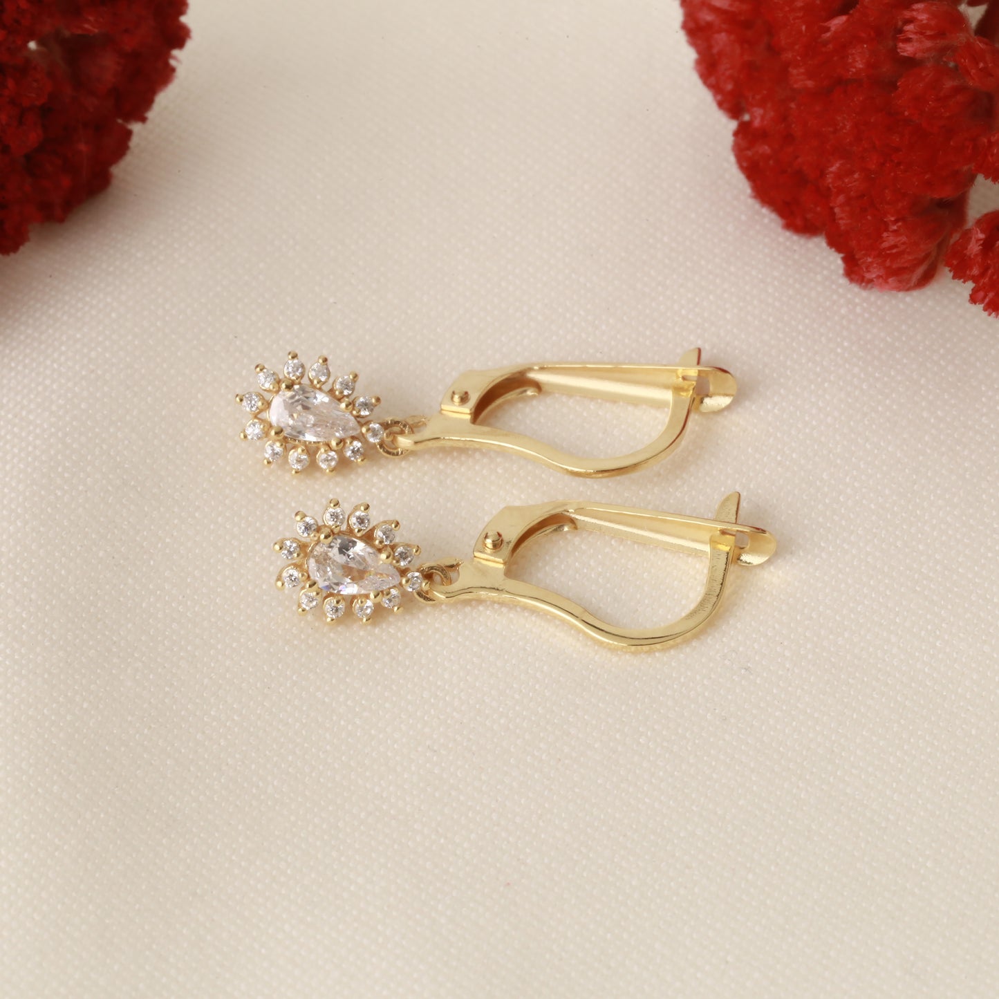 Teardrop Dangle White Topaz Earring Surrounded by Real Diamonds 8K/10K/14K Solid Gold, April Birthstone