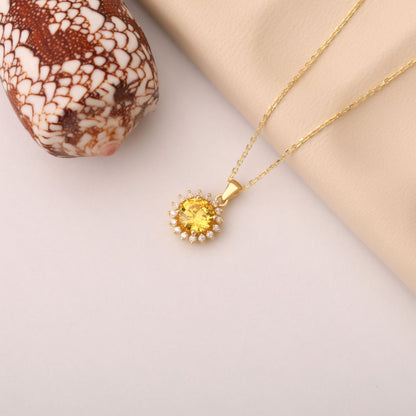 10K/14K Solid Gold Yellow Topaz Necklace in Round Shape Surrounded by Real Diamonds