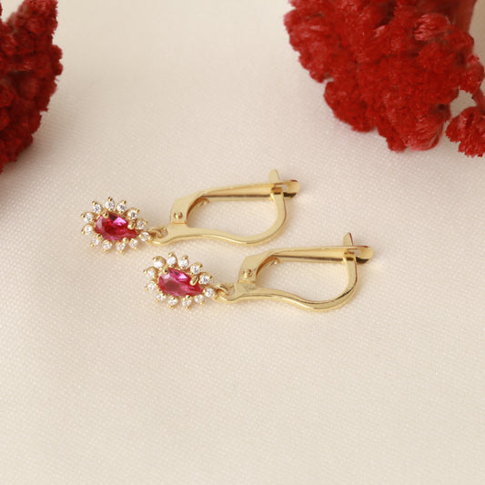 Teardrop Dangle Ruby Earring Surrounded by Real Diamonds 8K/10K/14K Solid Gold, July Birthstone