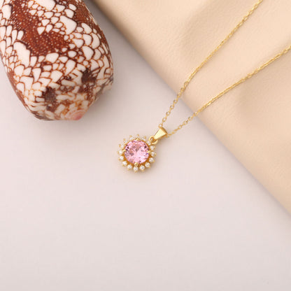 10K/14K Solid Gold Pink Tourmaline Necklace in Round Shape Surrounded by Real Diamonds, Birthstone Jewelry for October Gifts