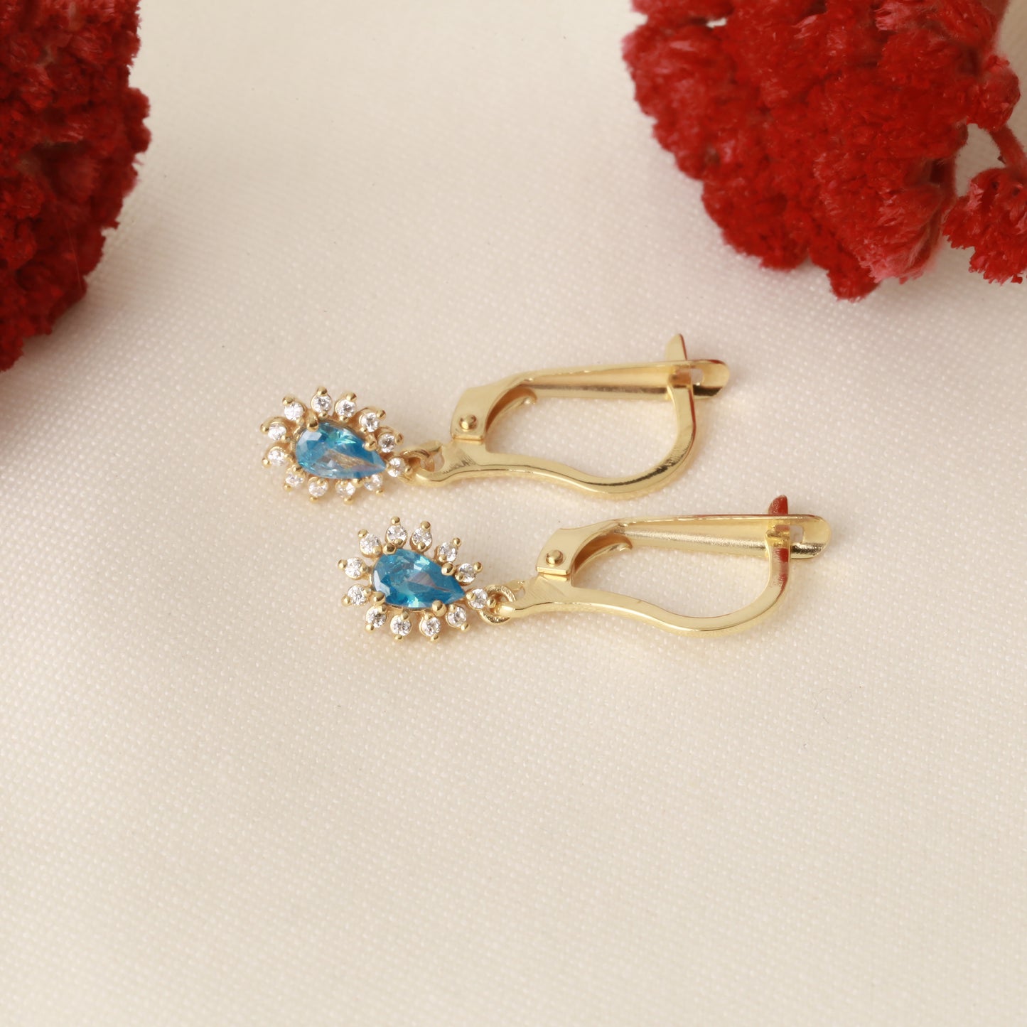 Teardrop Dangle Blue Topaz Earring Surrounded by Real Diamonds 8K/10K/14K Solid Gold, December Birthstone