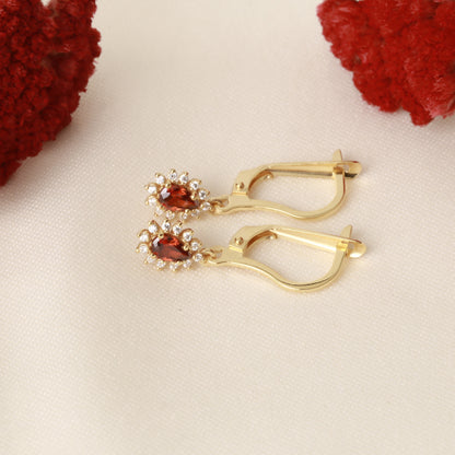Teardrop Dangle Garnet Earring Surrounded by Real Diamonds 8K/10K/14K Solid Gold, January Birthstone