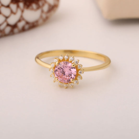 Pink Tourmaline Ring in Round 8K/10K/14K Solid Gold Shape Surrounded by Real Diamonds, October Birthstone