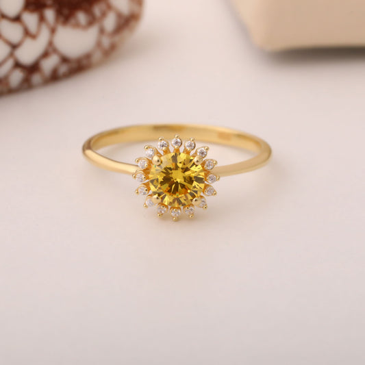 Yellow Topaz Ring in Round 8K/10K/14K Solid Gold Shape Surrounded by Real Diamonds