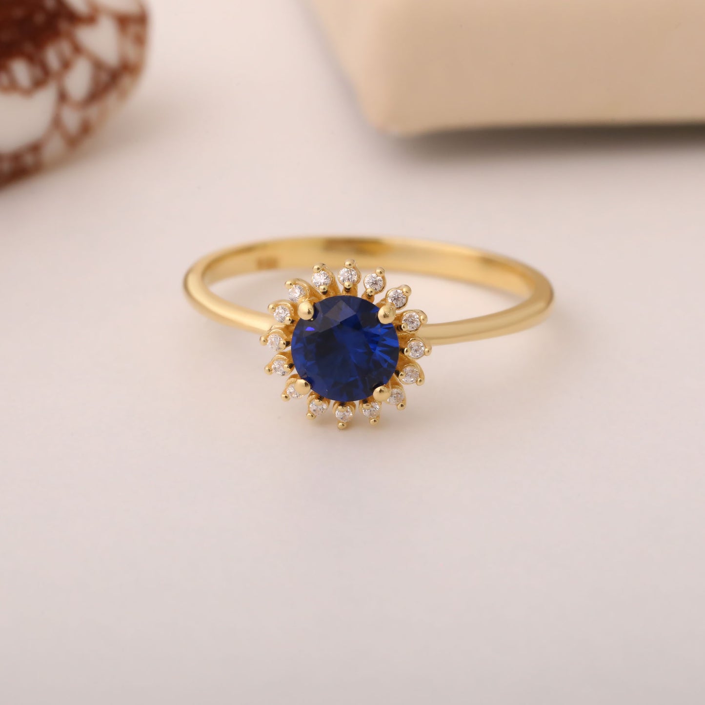Sapphire Ring in Round 8K/10K/14K Solid Gold Shape Surrounded by Real Diamonds, September Birthstone