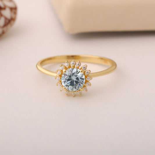 Aquamarine Ring in Round 8K/10K/14K Solid Gold Shape Surrounded by Real Diamonds, March Birthstone