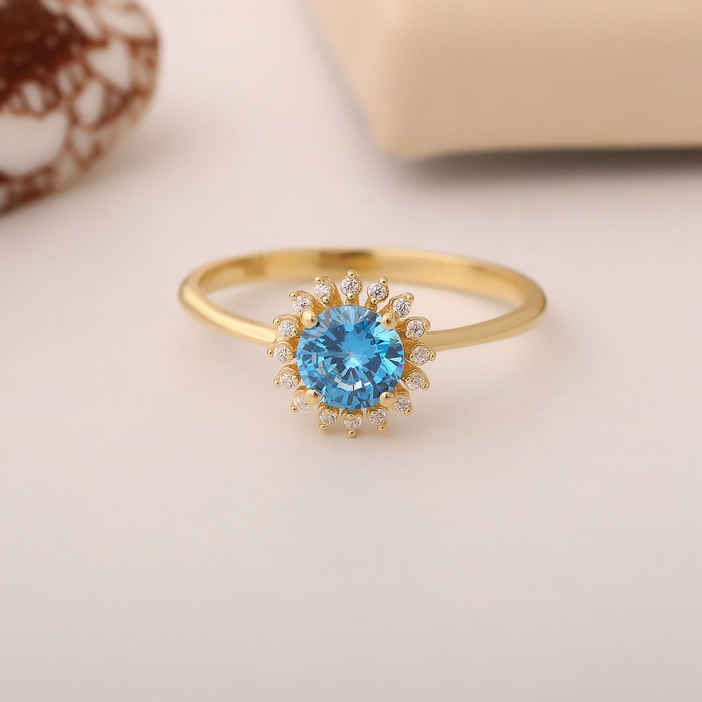 Blue Topaz Ring in Round 8K/10K/14K Solid Gold Shape Surrounded by Real Diamonds, December Birthstone
