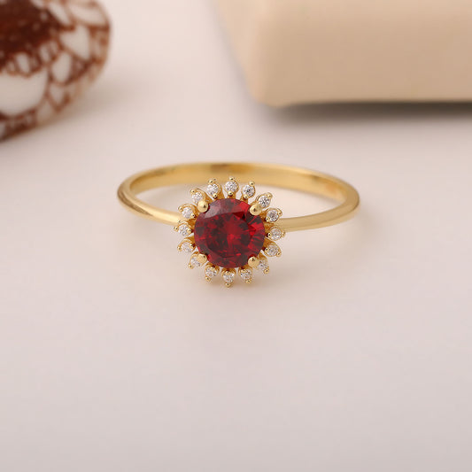 Garnet Ring in Round 8K/10K/14K Solid Gold Shape Surrounded by Real Diamonds, January Birthstone
