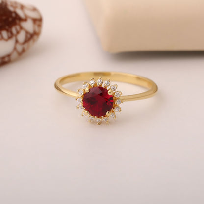 Ruby Ring in Round 8K/10K/14K Solid Gold Shape Surrounded by Real Diamonds, July Birthstone