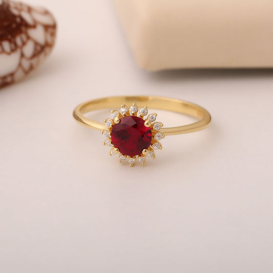 Ruby Ring in Round 8K/10K/14K Solid Gold Shape Surrounded by Real Diamonds, July Birthstone