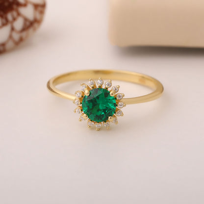 Emerald Ring in Round 8K/10K/14K Solid Gold Shape Surrounded by Real Diamonds, May Birthstone