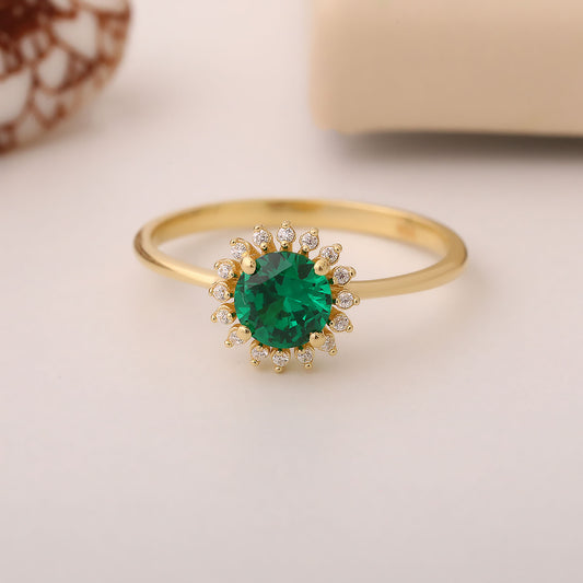 Emerald Ring in Round 8K/10K/14K Solid Gold Shape Surrounded by Real Diamonds, May Birthstone