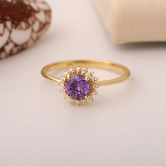 Amethyst Ring in Round 8K/10K/14K Solid Gold Shape Surrounded by Real Diamonds, February Birthstone