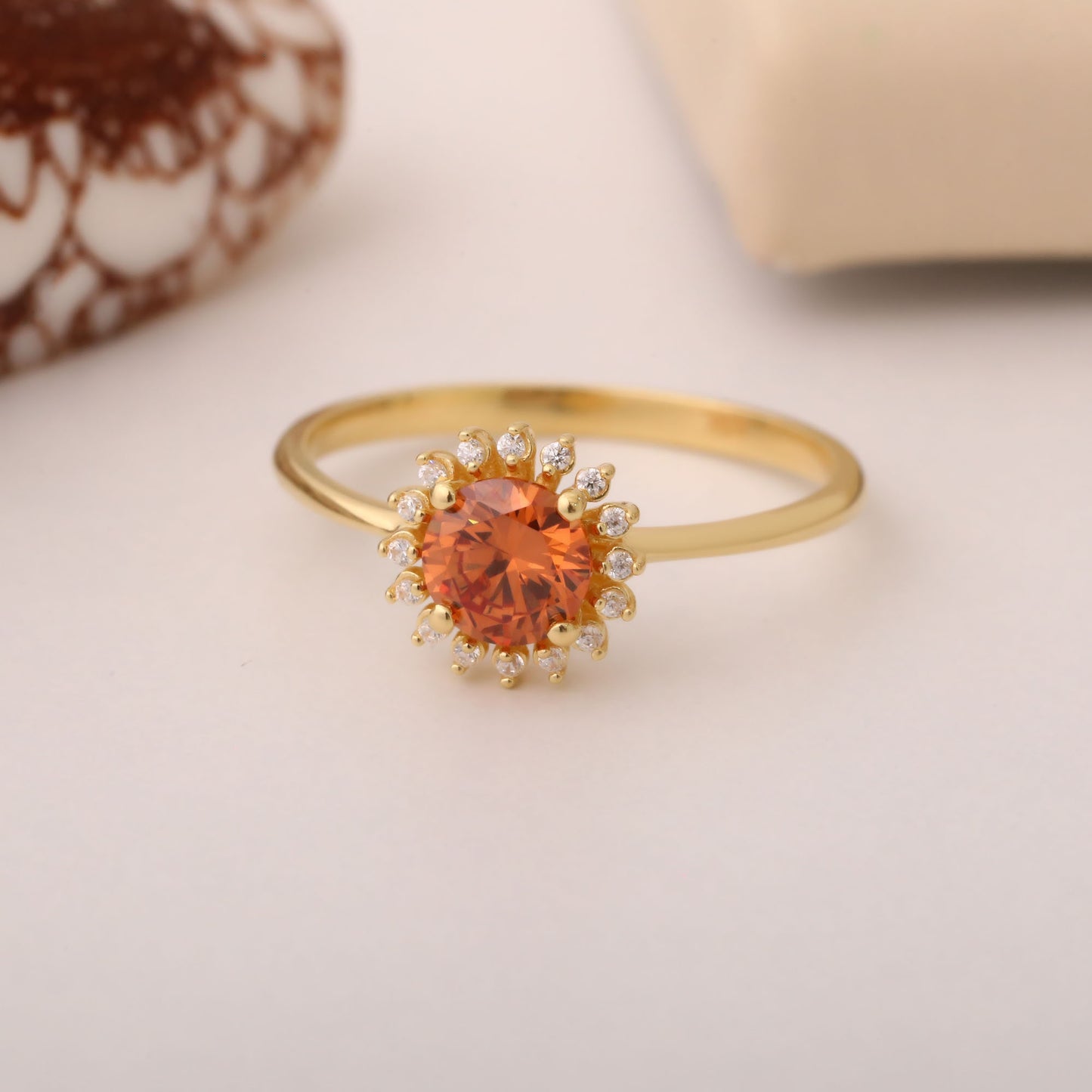 Citrine Ring in Round 8K/10K/14K Solid Gold Shape Surrounded by Real Diamonds, November Birthstone