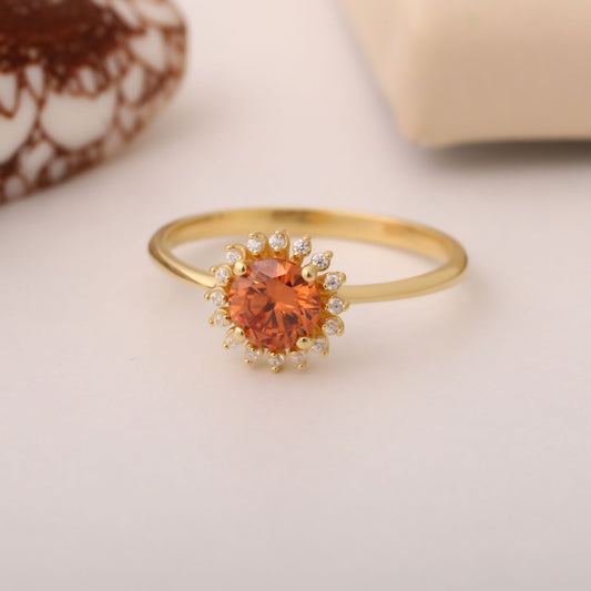 Citrine Ring in Round 8K/10K/14K Solid Gold Shape Surrounded by Real Diamonds, November Birthstone