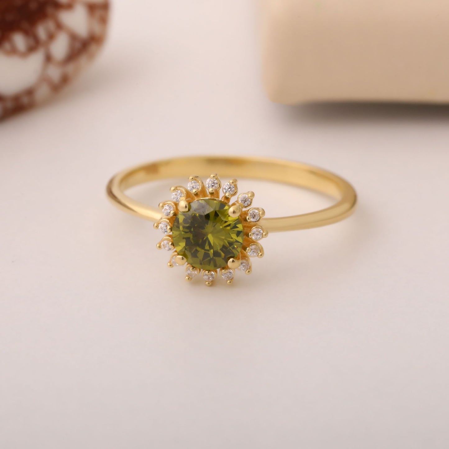 Peridot Ring in Round 8K/10K/14K Solid Gold Shape Surrounded by Real Diamonds, August Birthstone