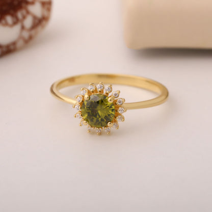 Peridot Ring in Round 8K/10K/14K Solid Gold Shape Surrounded by Real Diamonds, August Birthstone