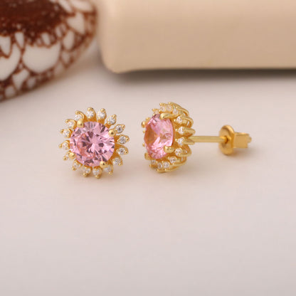 10K/14K Solid Gold Pink Tourmaline Stud Earrings in Round Shape Surrounded by Real Diamonds Timeless Jewelry for October