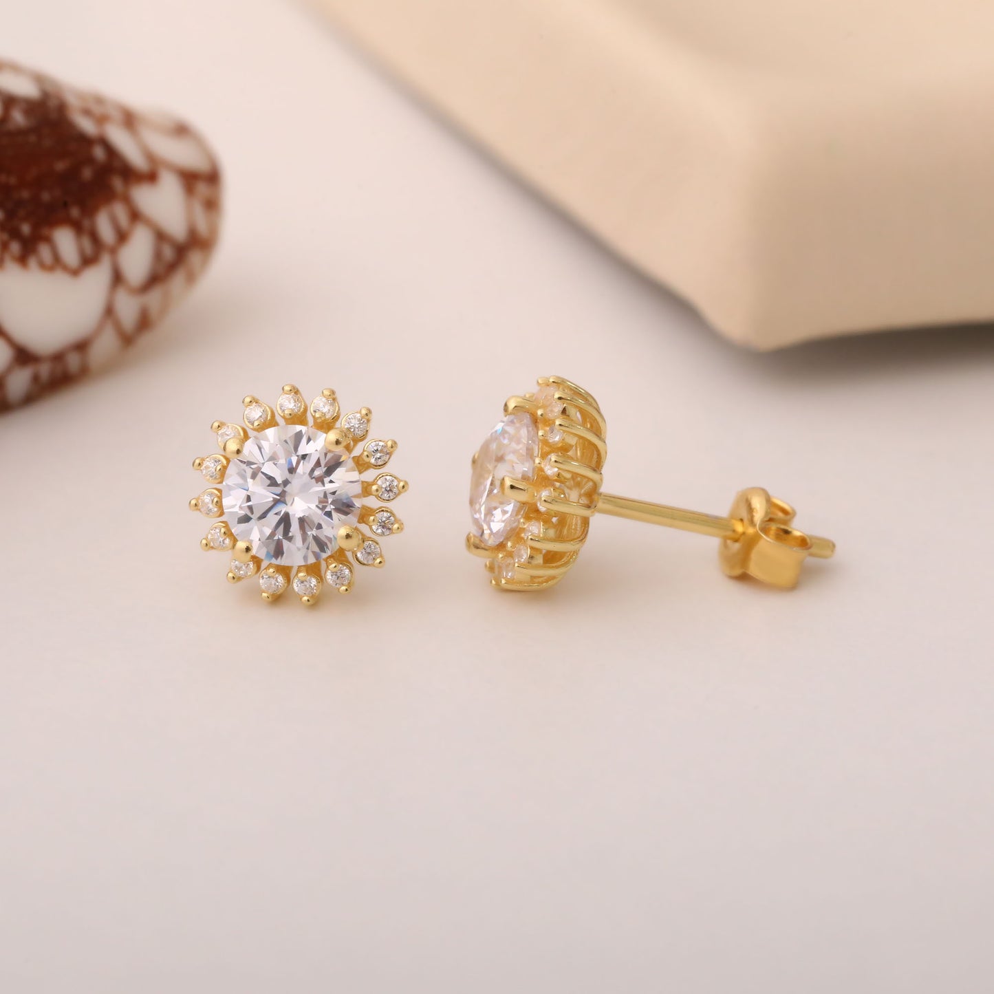 10K/14K Solid Gold White Topaz Stud Earrings in Round Shape Surrounded by Real Diamonds, Birthstone Jewelry for April
