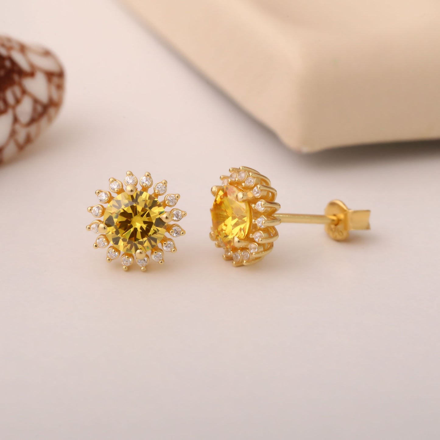10K/14K Solid Gold Yellow Topaz Stud Earrings in Round Shape Surrounded by Real Diamonds