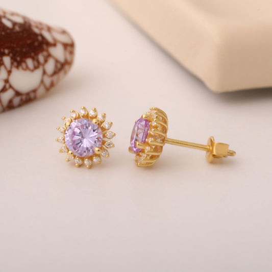 10K/14K Solid Gold Alexandrite Stud Earrings in Round Shape Surrounded by Real Diamonds, June Birthstone Jewelry