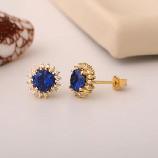10K/14K Solid Gold Sapphire Stud Earrings in Round Shape Surrounded by Real Diamonds, Birthstone Jewelry for September