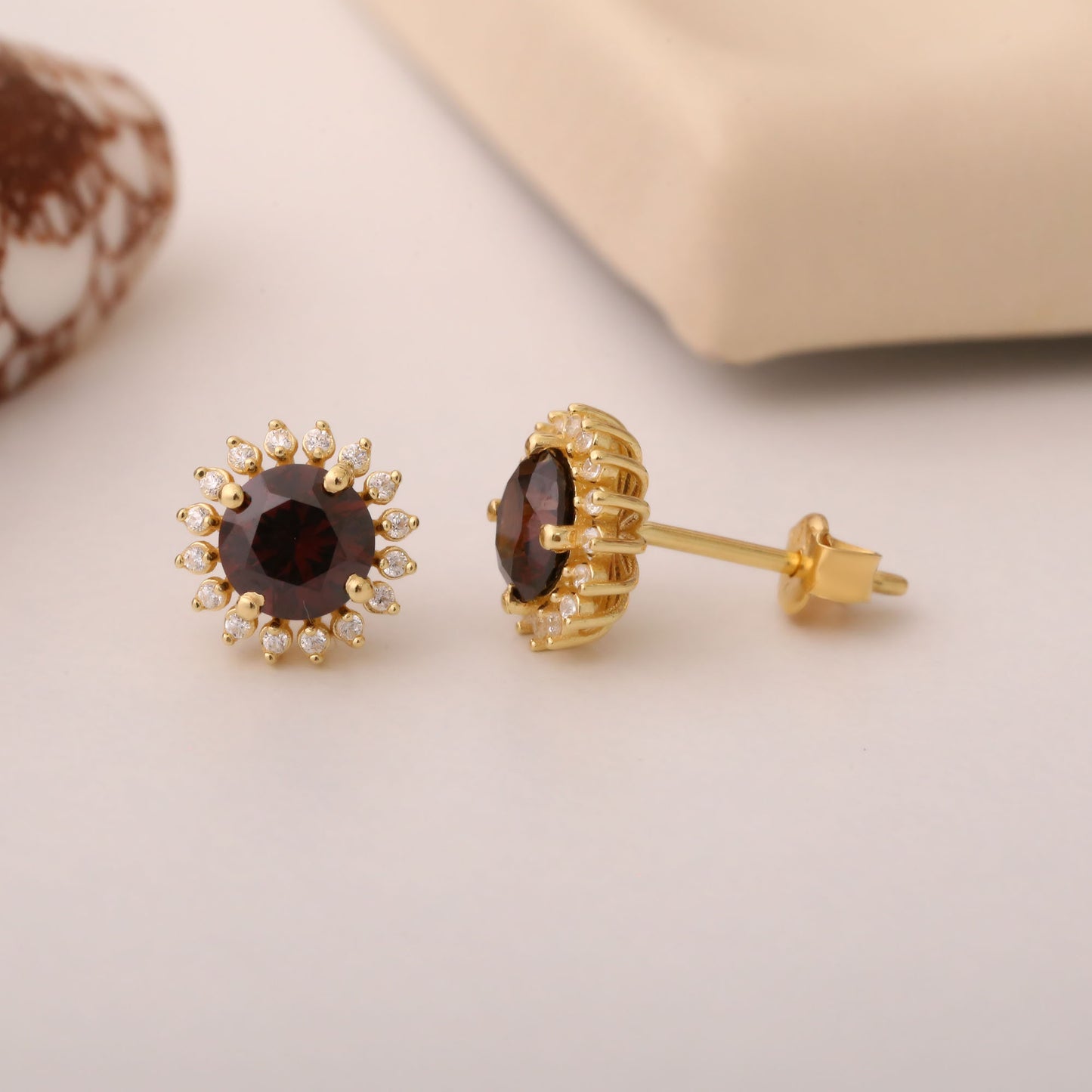 10K/14K Solid Gold Smoky Quartz Stud Earrings in Round Shape Surrounded by Real Diamonds