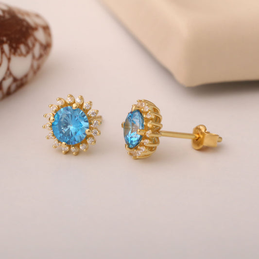 10K/14K Solid Gold Blue Topaz Stud Earrings in Round Shape Surrounded by Real Diamonds, Timeless Birthstone Jewelry for December
