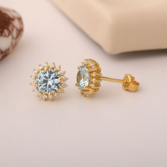 10K/14K Solid Gold Aquamarine Stud Earrings in Round Shape Surrounded by Real Diamonds, Birthstone Jewelry for March