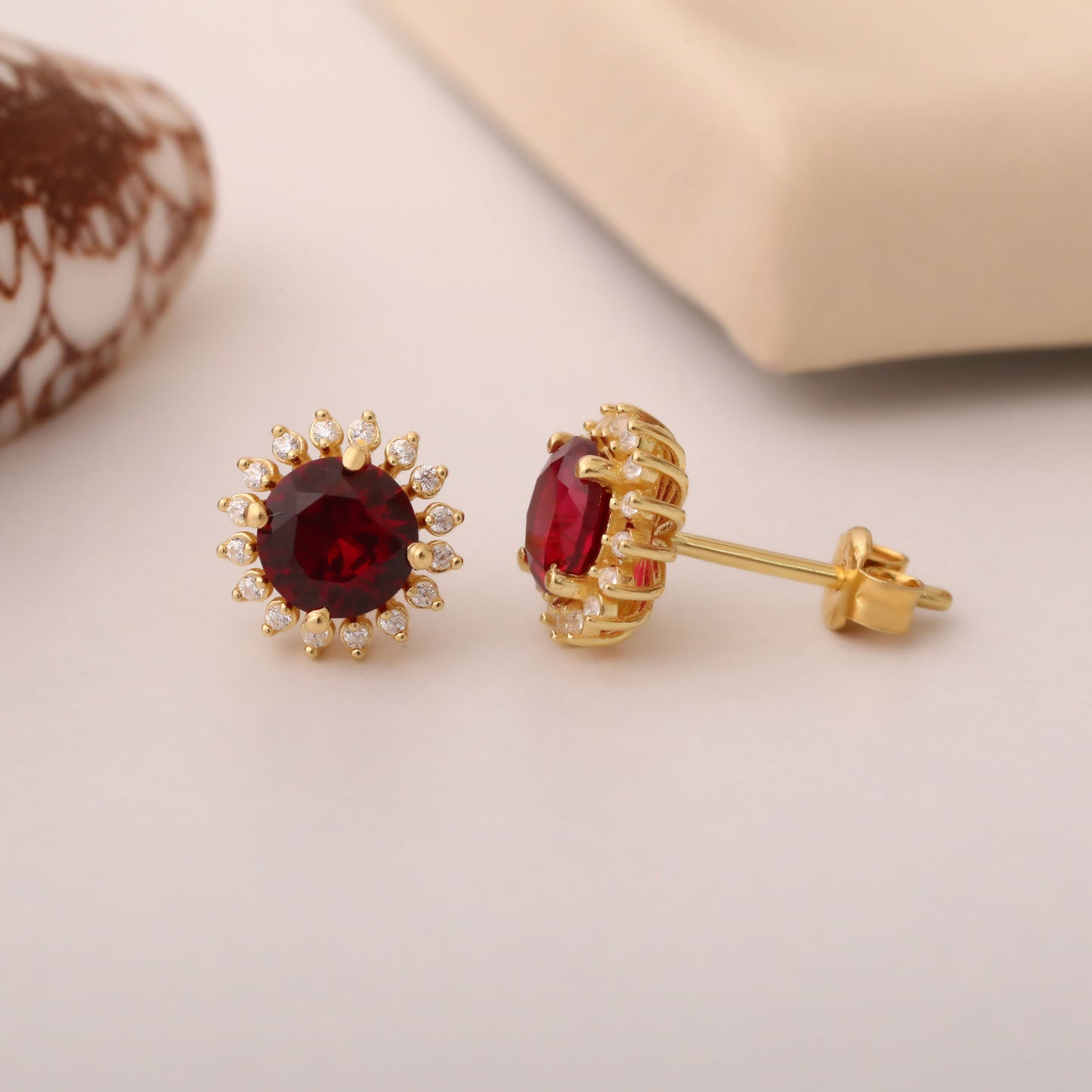 10K/14K Solid Gold Ruby Stud Earrings in Round Shape Surrounded by Real Diamonds, July Birthstone Gift