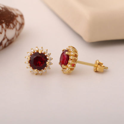 10K/14K Solid Gold Ruby Stud Earrings in Round Shape Surrounded by Real Diamonds, July Birthstone Gift