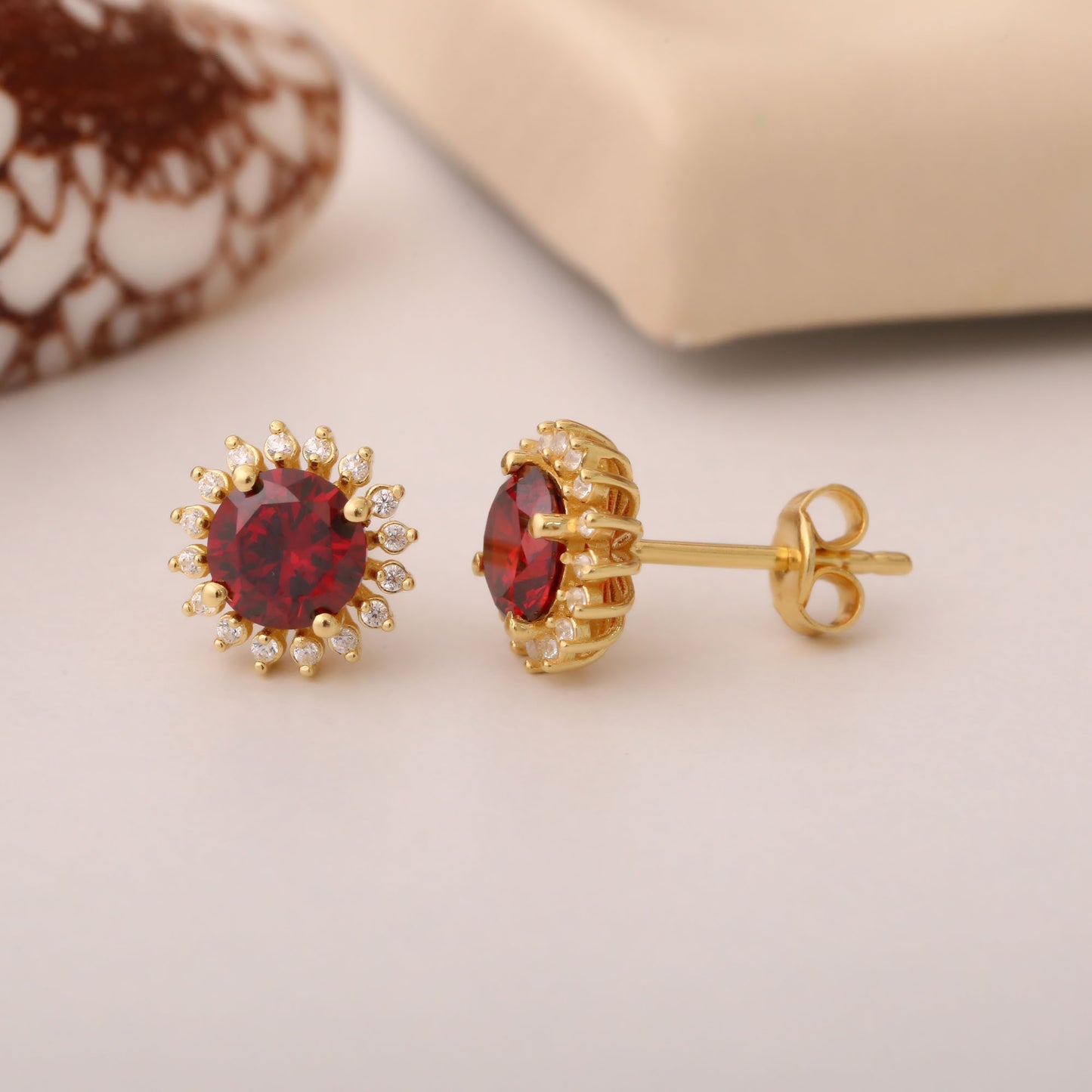 10K/14K Solid Gold Garnet Stud Earrings in Round Shape Surrounded by Real Diamonds, Birthstone Jewelry for January