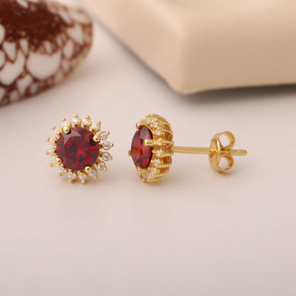 10K/14K Solid Gold Garnet Stud Earrings in Round Shape Surrounded by Real Diamonds, Birthstone Jewelry for January