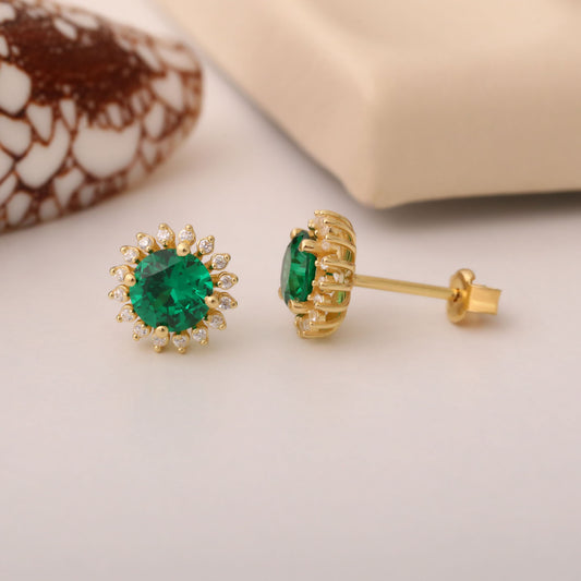 10K/14K Solid Gold Emerald Stud Earrings in Round Shape Surrounded by Real Diamonds, May Birthstone Jewelry