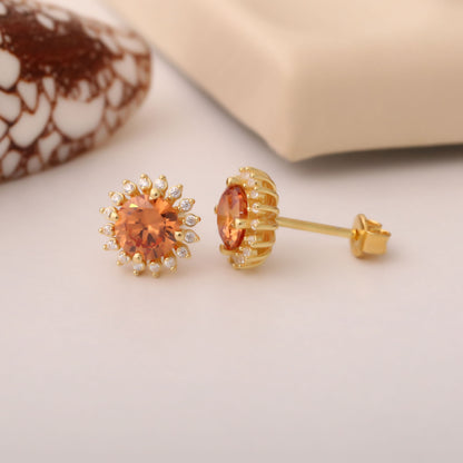 10K/14K Solid Gold Citrine Stud Earrings in Round Shape Surrounded by Real Diamonds, Birthstone Jewelry for November