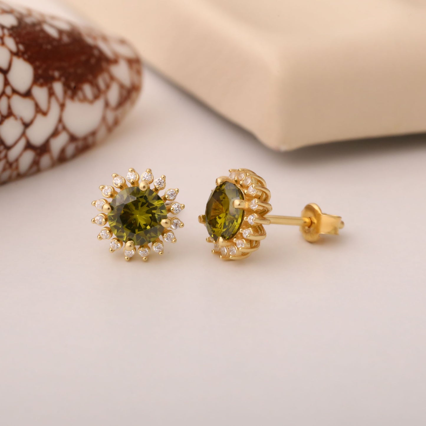 10K/14K Solid Gold Peridot Stud Earrings in Round Shape Surrounded by Real Diamonds, August Birthstone Jewelry