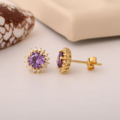 10K/14K Solid Gold Amethyst Stud Earrings in Round Shape Surrounded by Real Diamonds, February Birthstone Jewelry
