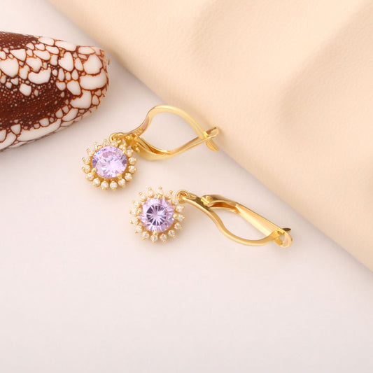 8K/10K/14K Solid Gold Alexandrite Dangle Earrings in Round Shape Surrounded by Real Diamonds, June Birthstone Jewelry