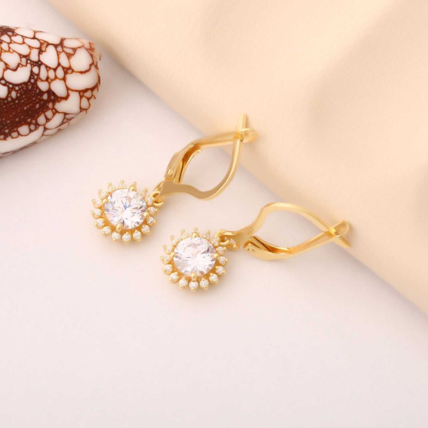 8K/10K/14K Solid Gold White Topaz Dangle Earrings in Round Shape Surrounded by Real Diamonds, Birthstone Jewelry for April Gifts