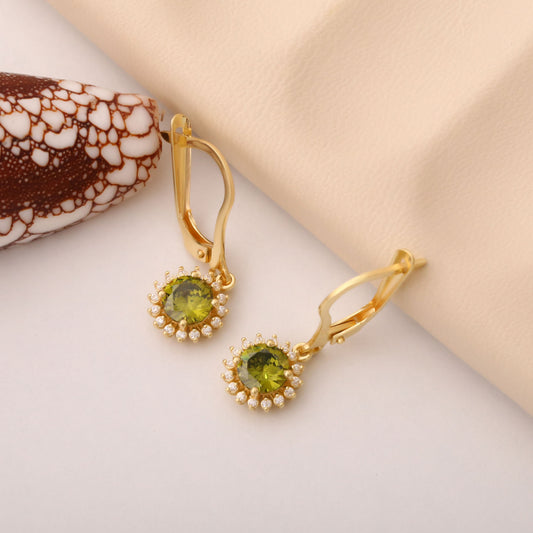 8K/10K/14K Solid Gold Peridot Dangle Earrings in Round Shape Surrounded by Real Diamonds, August Birthstone Jewelry